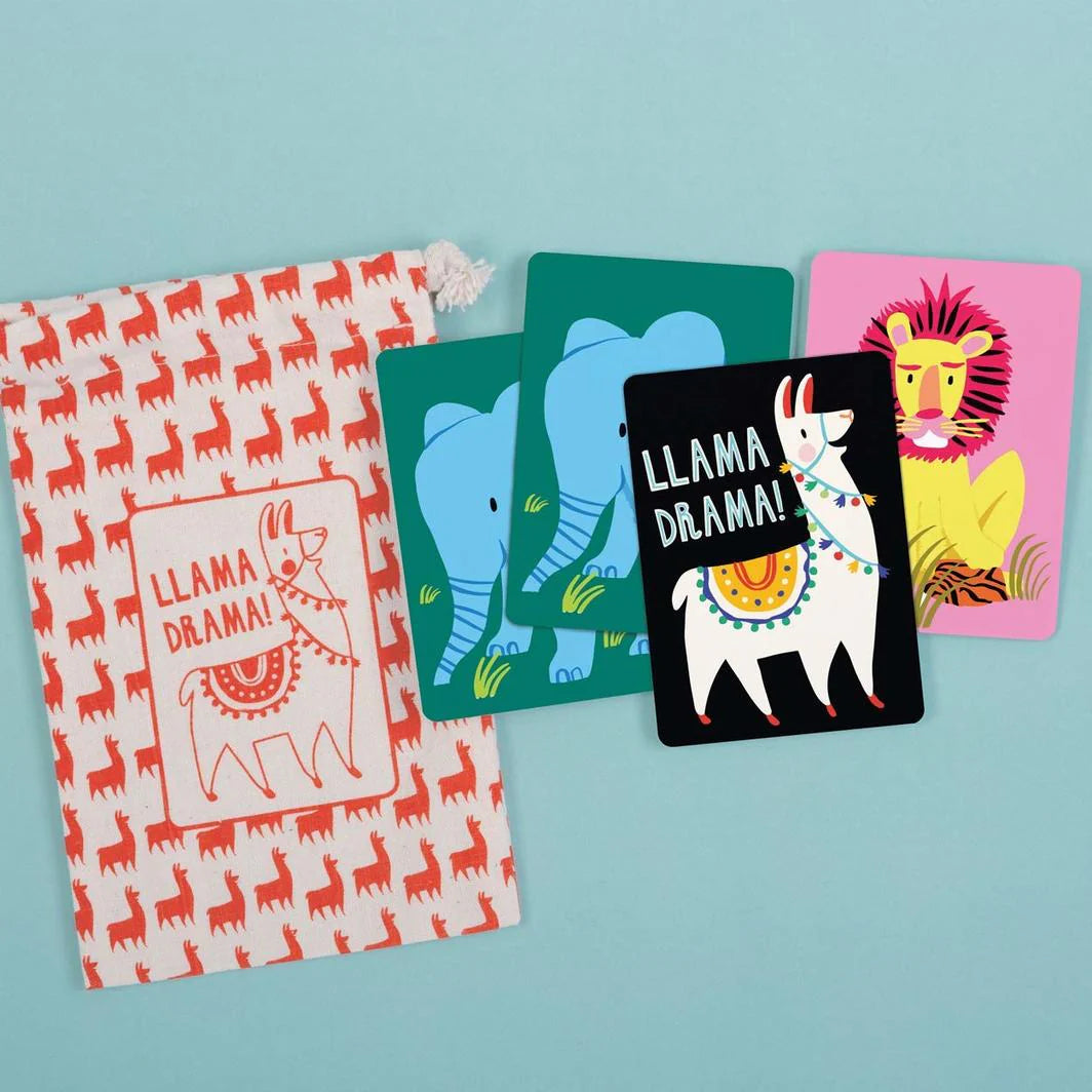 Four colorful greeting cards with animal illustrations on a light blue background