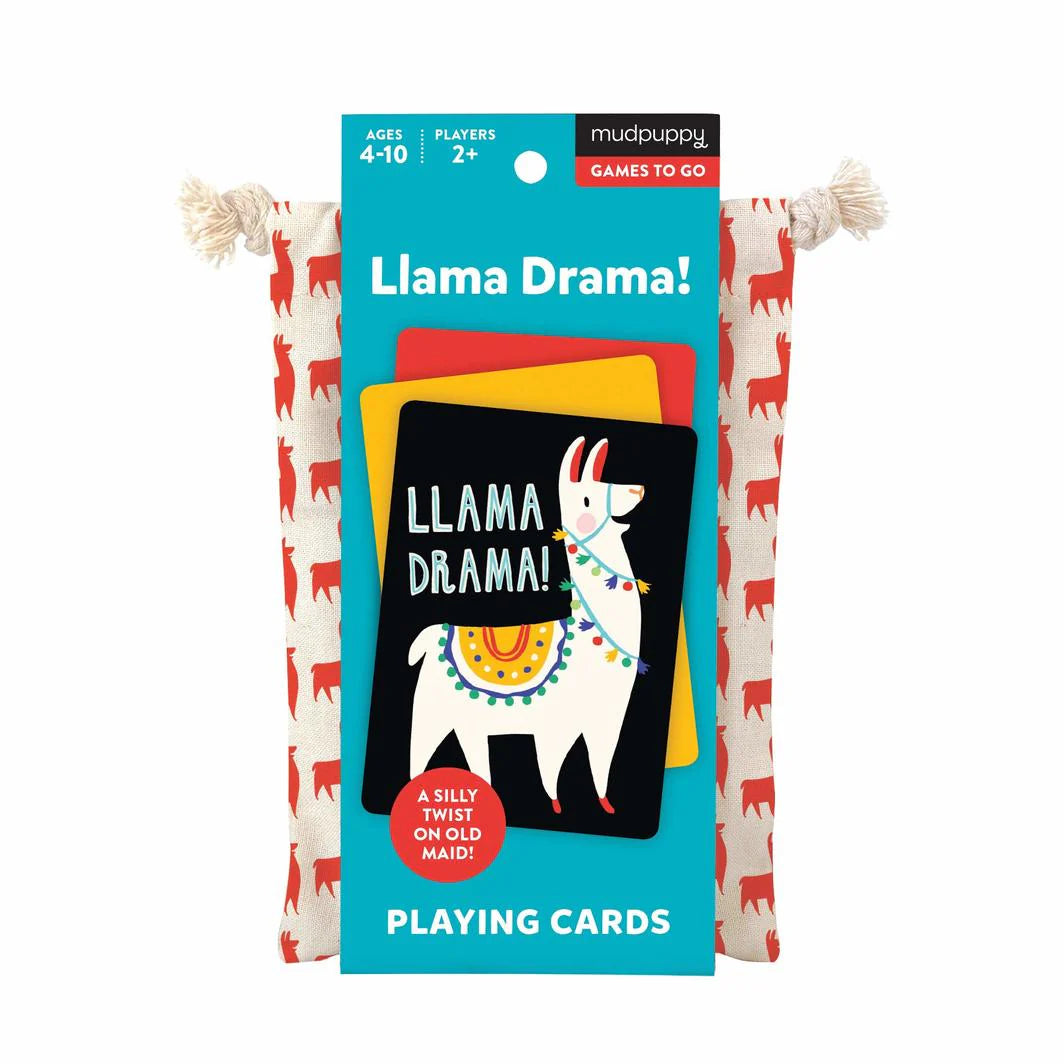 Llama Drama playing cards packaging with colorful design and llama illustration on a white background