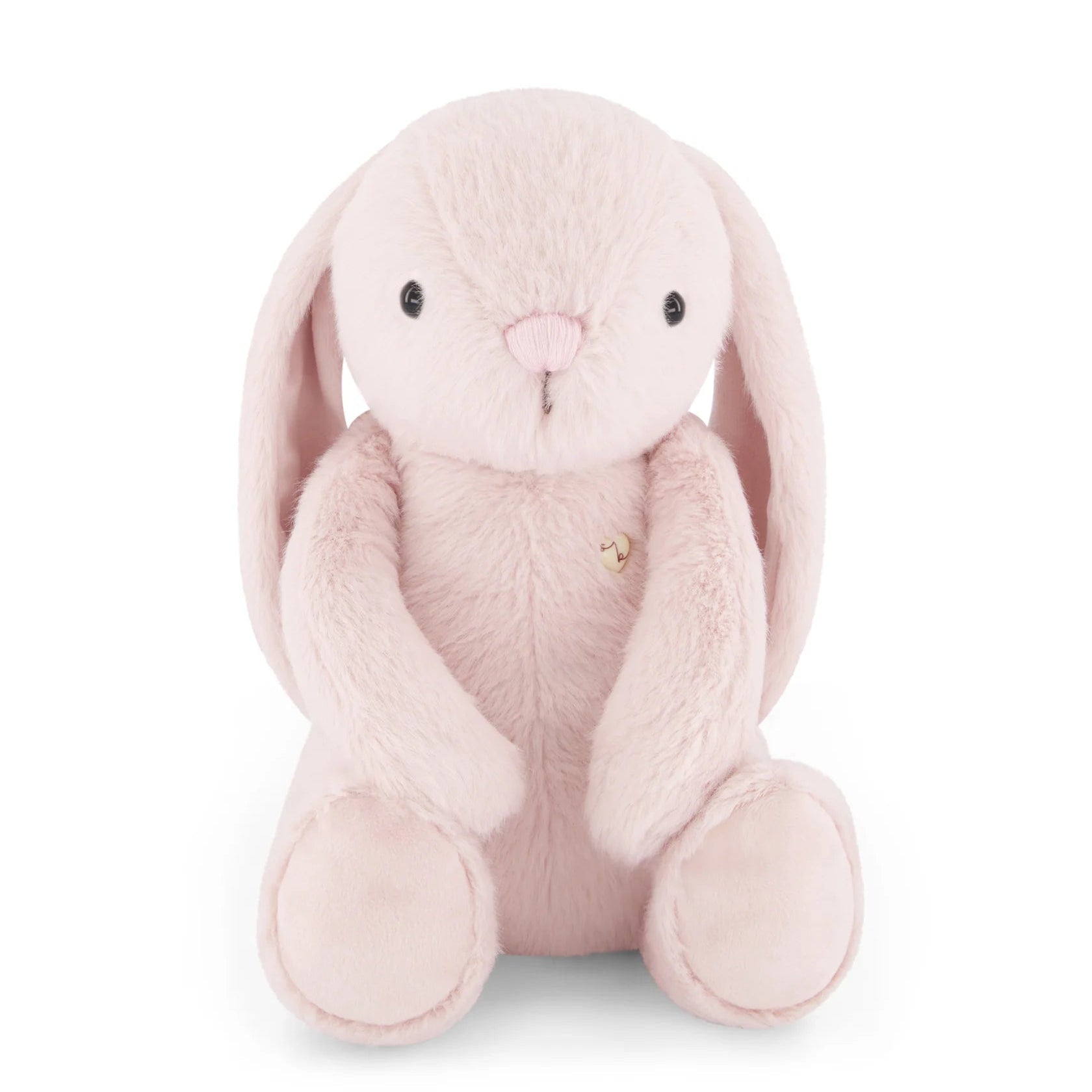 Pink plush bunny toy on a white background