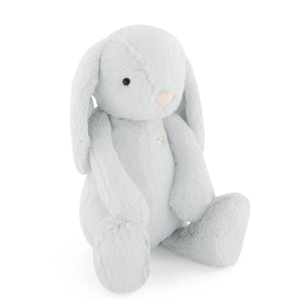 pale blue grey plush bunny toy on a white background