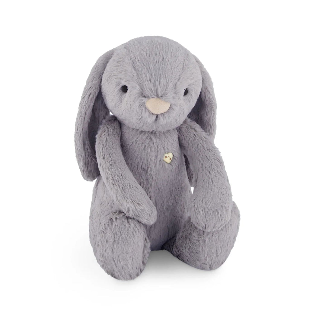 Gray plush bunny toy on a white background