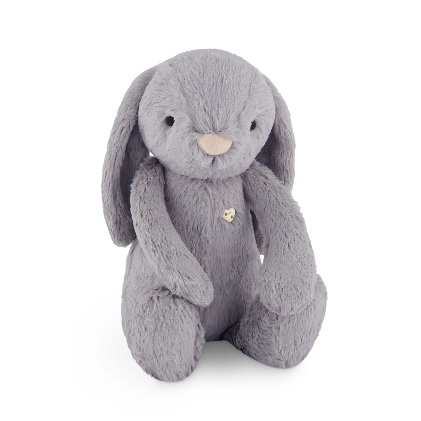 Gray plush bunny toy on a white background