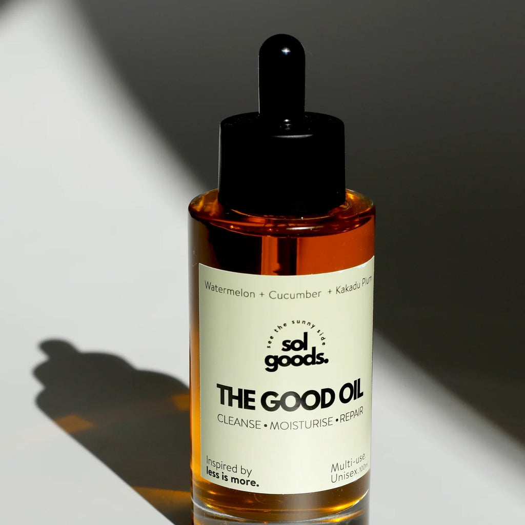 Bottle of 'The Good Oil' by sol goods on a light background