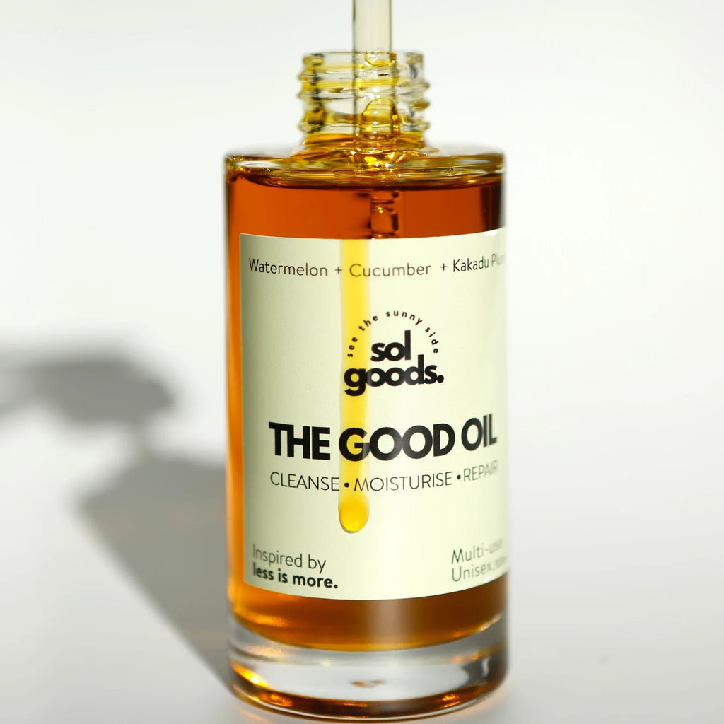 Bottle of 'The Good Oil' by sol goods on a white background