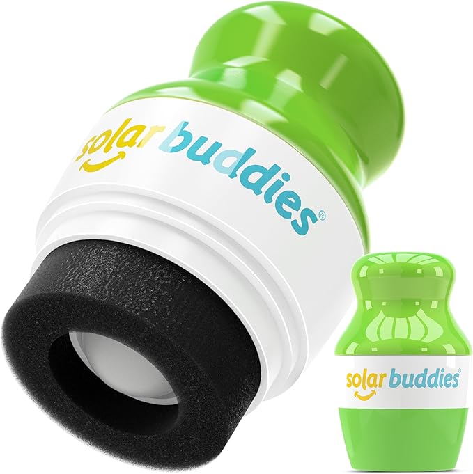 Green and white solar buddies product on a white background