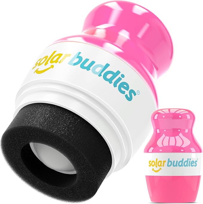 Pink and white solar buddies product on a white background