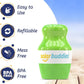 Green bottle with 'solar buddies' branding on a beach background, featuring features like easy to use, refillable, mess free, and BPA free.