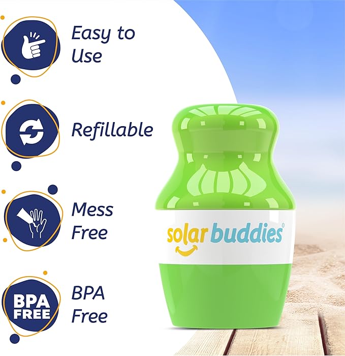 Green bottle with 'solar buddies' branding on a beach background, featuring features like easy to use, refillable, mess free, and BPA free.