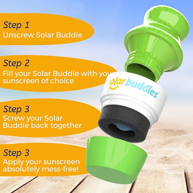 Green and white Solar Buddie with steps to use it on a wooden surface