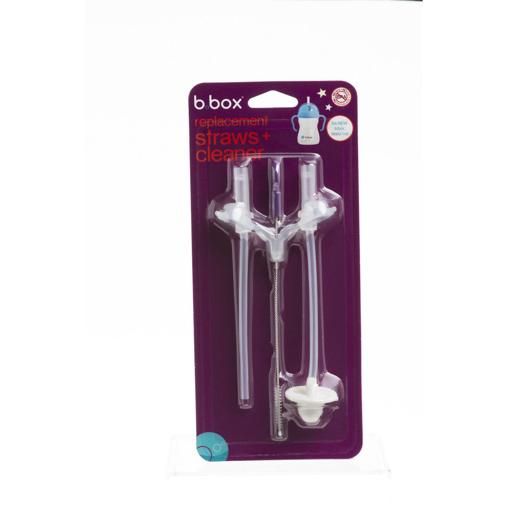 Packaging of B.Box sippy cup replacement straw set, containing two straws on a purple background.
